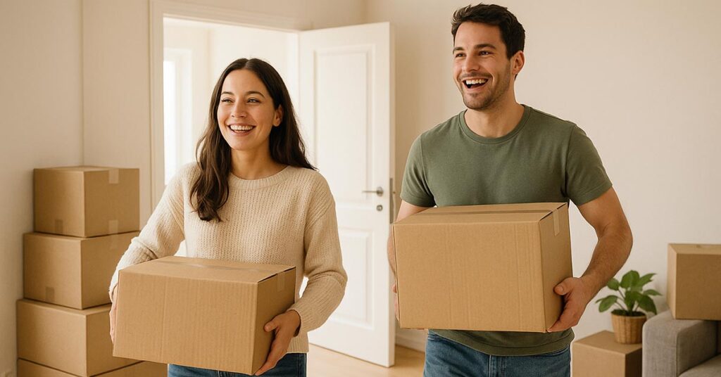 Ein glückliches Paar zieht in die Traumimmobilie ein, die es ohne Eigenkapital gekauft hat | Immobilienkauf