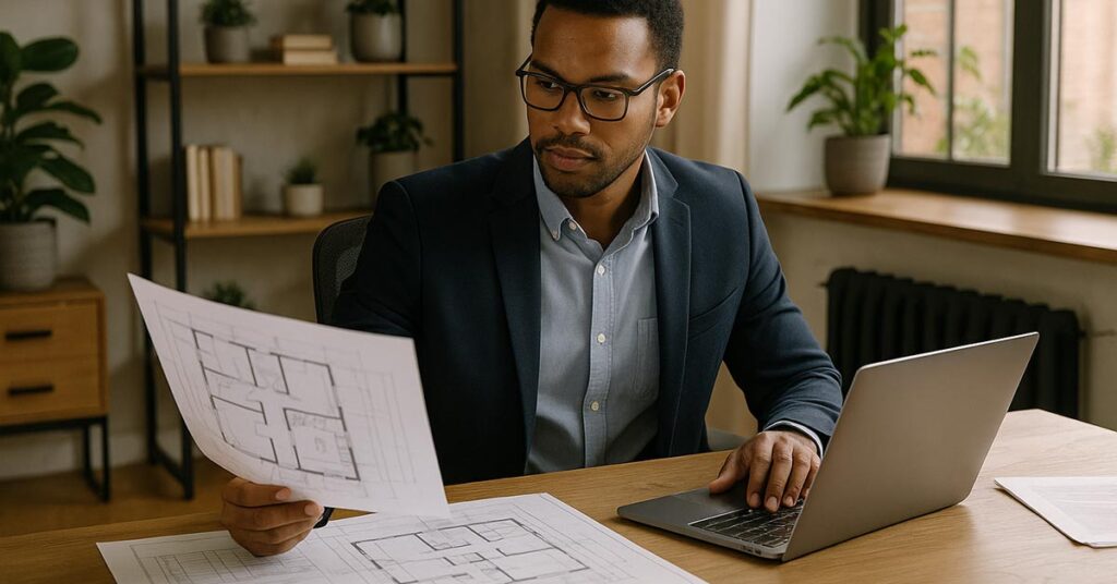 Ein Selbständiger sitzt in seinem Homeoffice am Schreibtisch und checkt Finanzierungs- und Immobilienunterlagen auf Papier und am Laptop | Immobilienfinanzierung